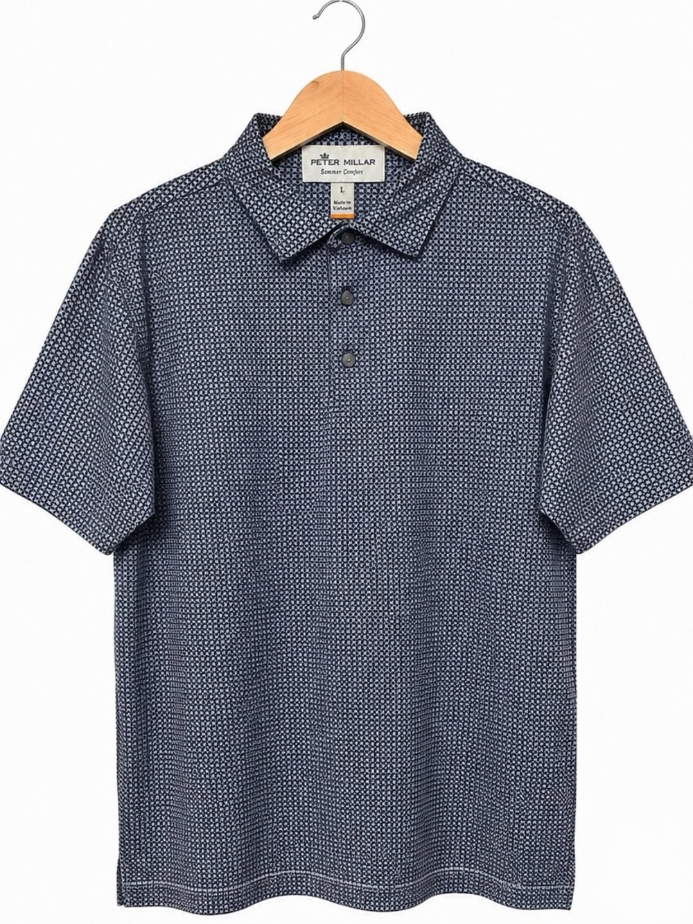 Peter Millar Summer Comfort Geometric Print Golf Polo Shirt L Blue Coppinwood